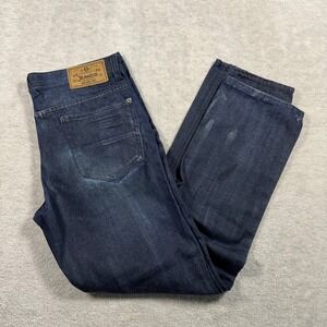 Akademiks Jeanius Jeans Mens 32x32 Blue Distressed Red Patch Straight Leg Denim